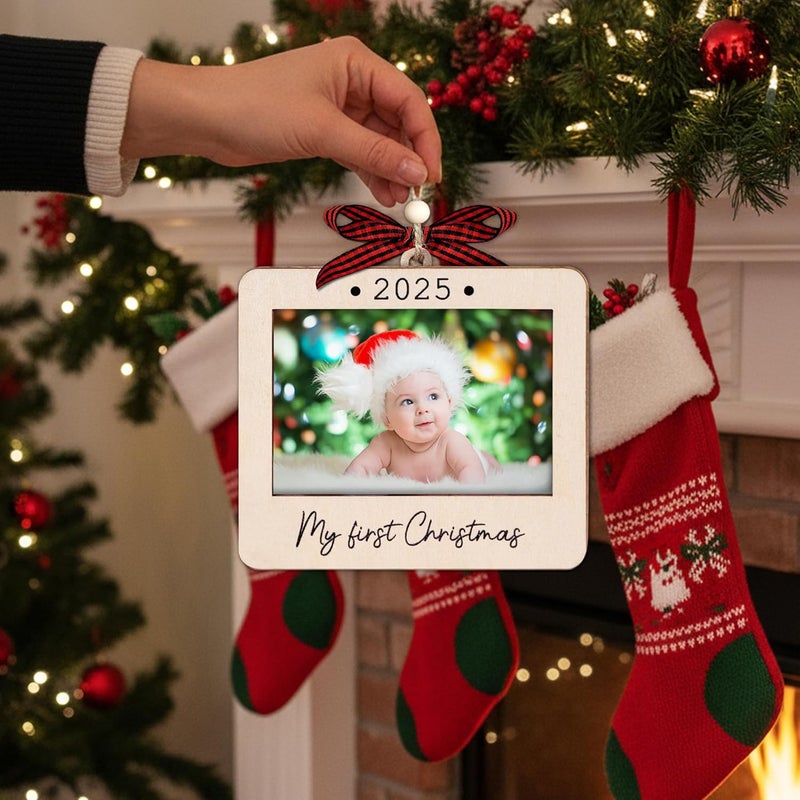 Hangwoous Babys First Christmas Ornament 2025 Girl And Boy - Wooden Landscape Picture Frame Ornaments For Tree - My First Christmas Ornament - Photo Frame Ornaments - Baby's First Christmas Gifts 2025 - Image 4